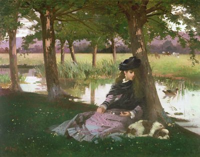 An Afternoon by a river with a King Charles Spaniel by Alexander M. Rossi